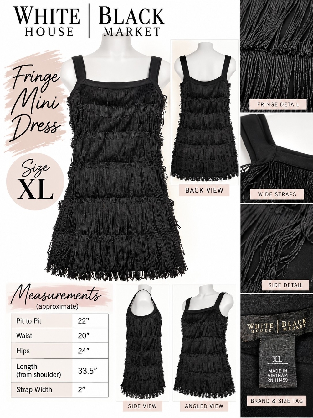 WHITE HOUSE BLACK MARKET BLACK FRINGE MINI DRESS – SIZE XL